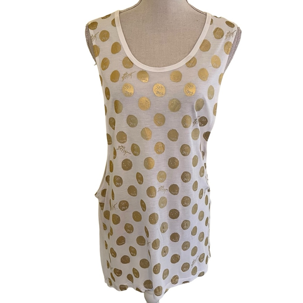 Betsey Johnson Active White with Metallic Gold Polka Dots Muscle Tank M